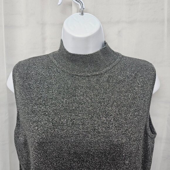 Liz Claiborne Gray Silver Metallic Mock Neck Knit Tank Sleeveless SP - Picture 2 of 10